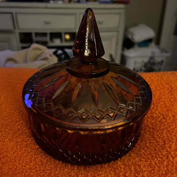 Vintage Indiana Glass Amber 6" Candy Dish with Lid Princess Diamond Point Glass - Picture 1 of 6